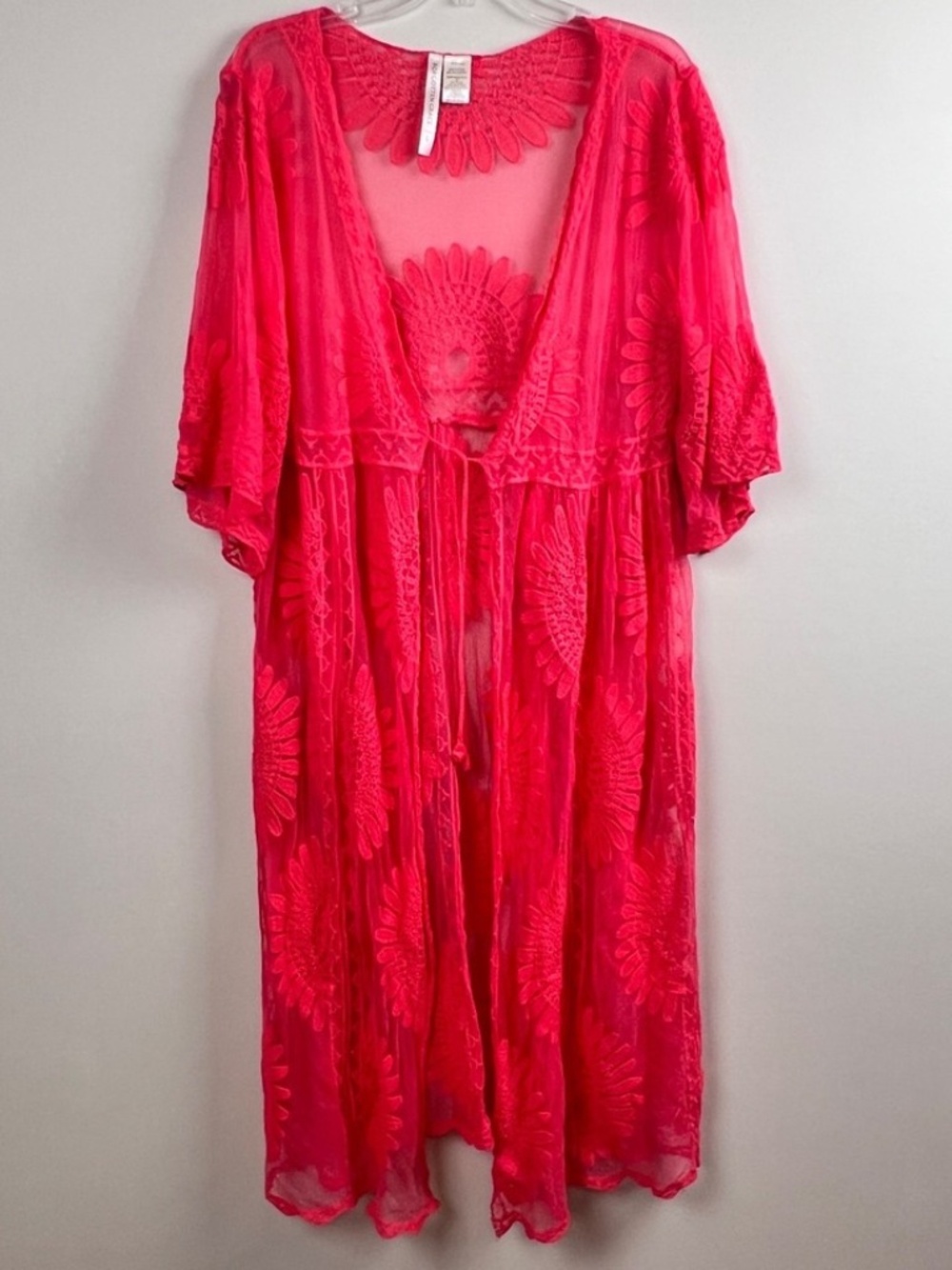 Forgotten Grace Kimono Long Embroidered Sheer Cardigan Duster Boho Western Coral